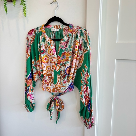 Rachel Zoe Floral Cropped Blouse Women's Size Small Long Sleeve Tie Back Top - Picture 2 of 8